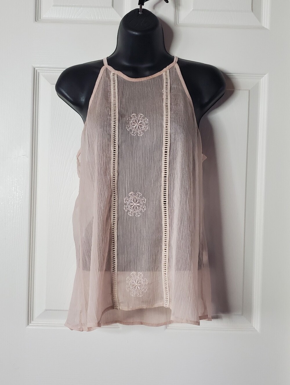 Sheer Blush Pink Embroidered Halter Tank Gauzy Boho Flowy Fairy Size Large